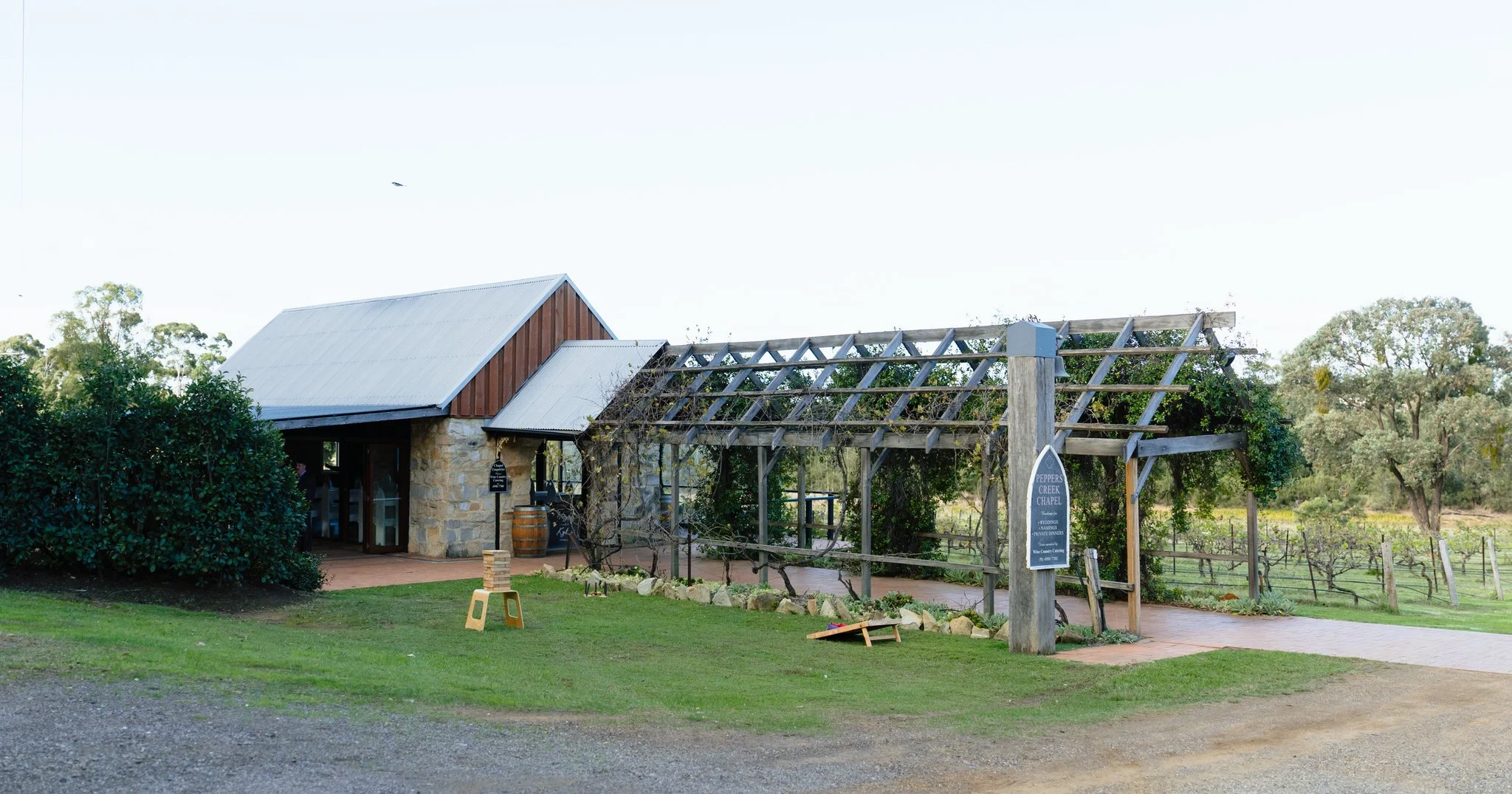 Exterior view of Peppers Creek Chapel and vineyard grounds in Pokolbin Hunter Valley