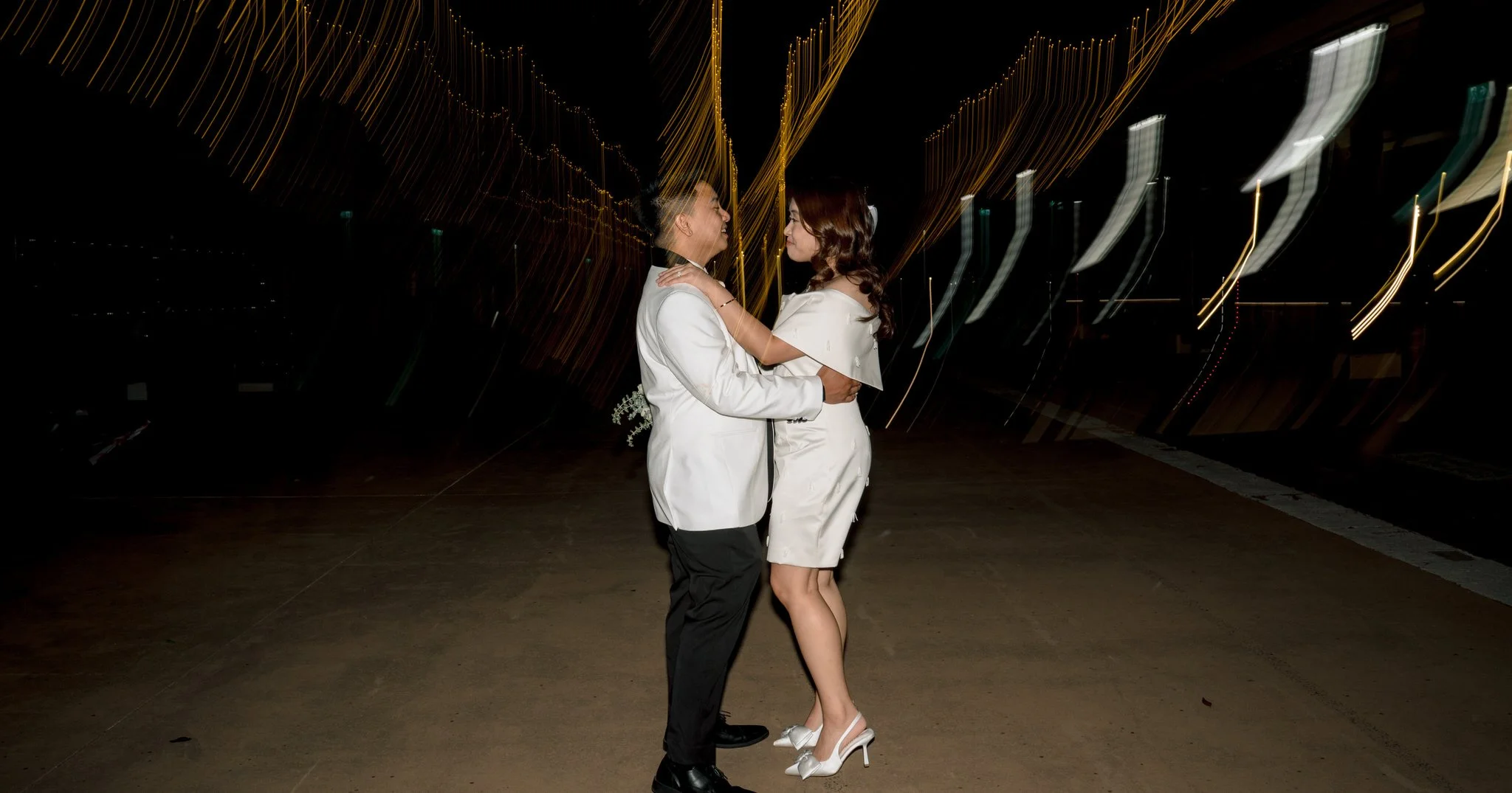 Night wedding portrait after reception at Customs House Hotel