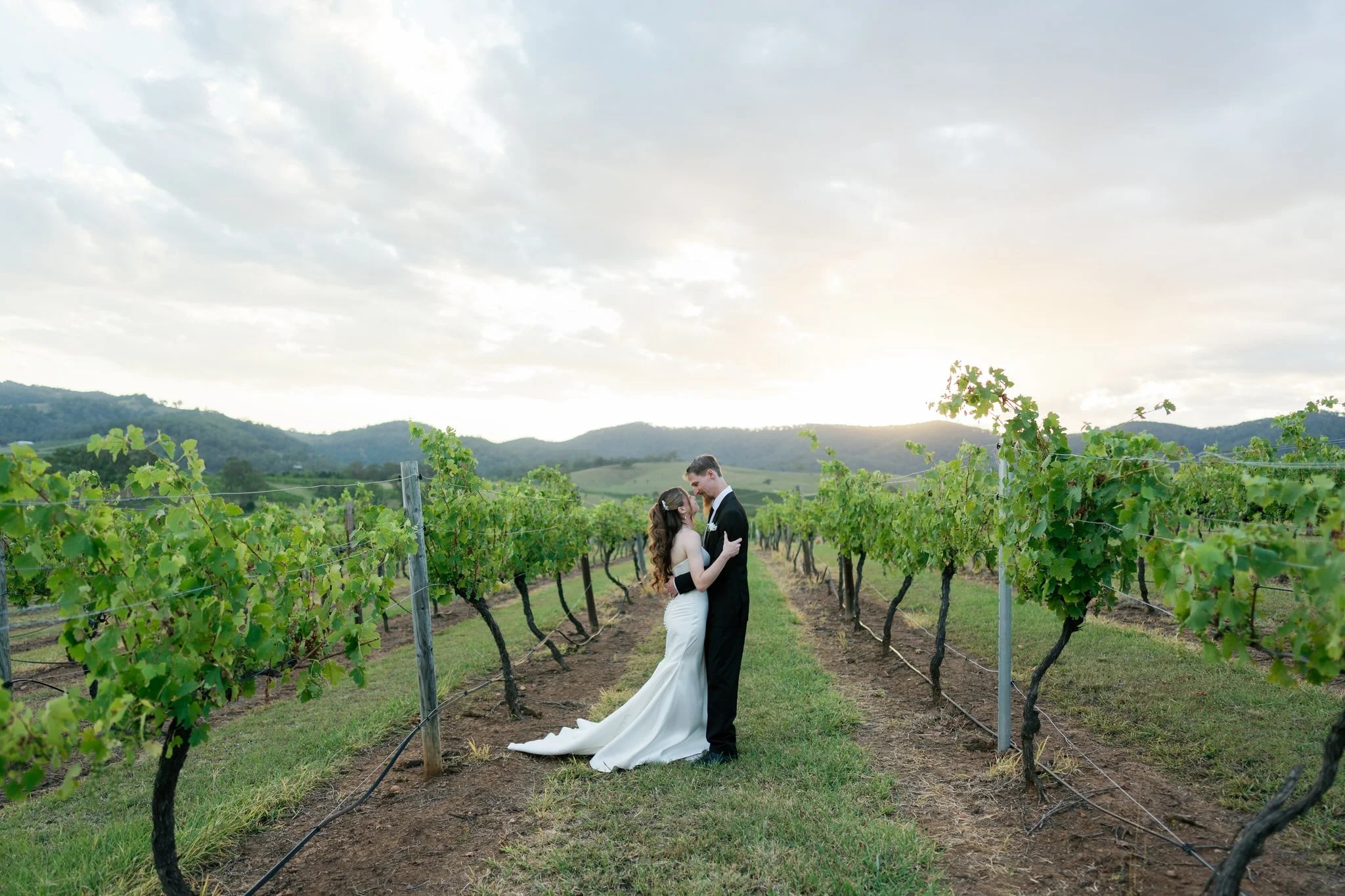 Couple embracing each other on their post-wedding photo shoot at Ben Ean winery in Pokolbin NSW. 