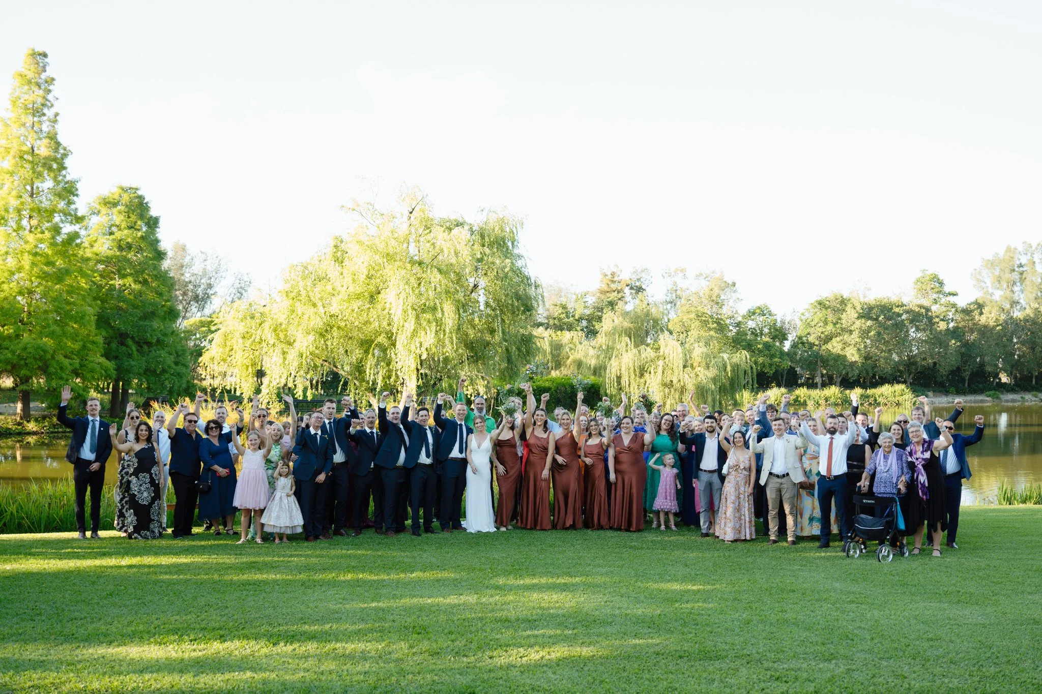 Hunter Valley Gardens wedding group photo by the lake