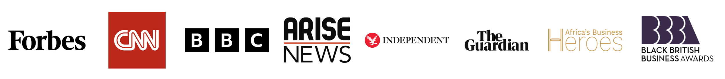 Logos of Forbes, CNN, BBC, ARISE News, The Guardian, Africa's Business Heroes, Independent, Black British Business Awards, in a horizontal line.