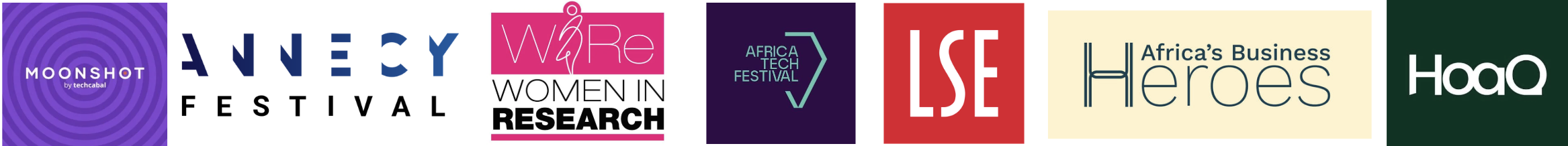 Logos of multiple organizations and events, including Moonshot Festival, ANNECY Festival, Women in Research, Africa Tech Festival, LSE, Africa's Business Heroes, and Hooq.