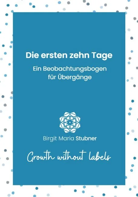 Bookletcover mit blauer Hintergrund und weißen und grauen Punkten, Titel "Die ersten zehn Tage", Untertitel "Ein Beobachtungsbogen für Übergänge", Autorin Birgit Maria Stubner, Slogan "Growth without Labels"