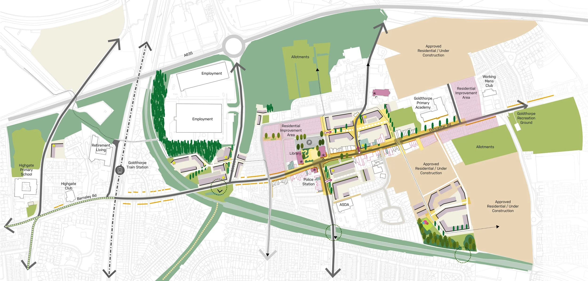 A detailed urban development planning map highlighting residential areas, parks, schools, transportation hubs, and commercial zones in a city.