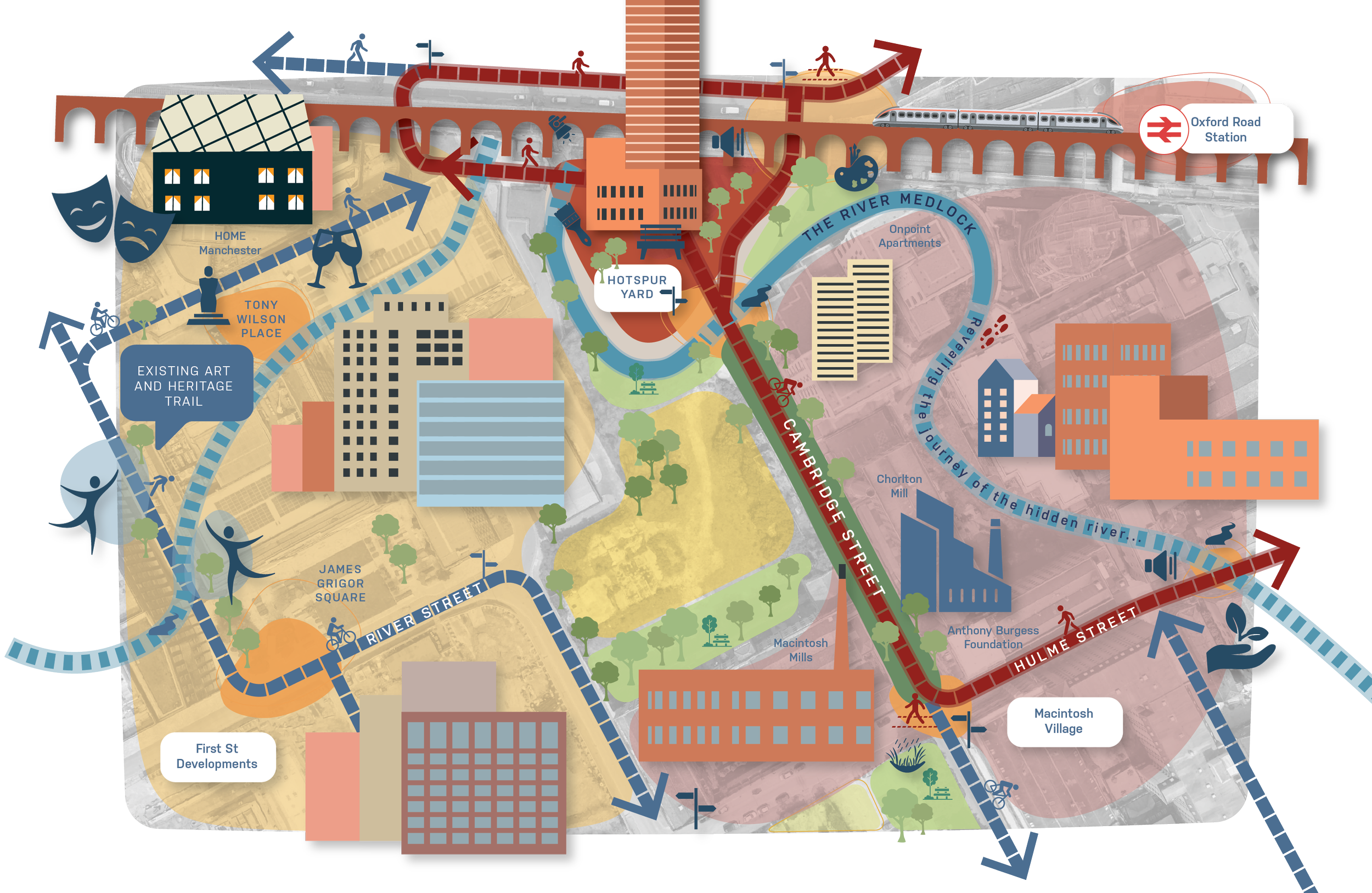 A detailed illustrated map of Oxford, showing streets, parks, landmarks, and transportation options such as trains and bicycles, with labels for locations like Oxford Road Station, Hotspur Yard, and James Grigor Square.