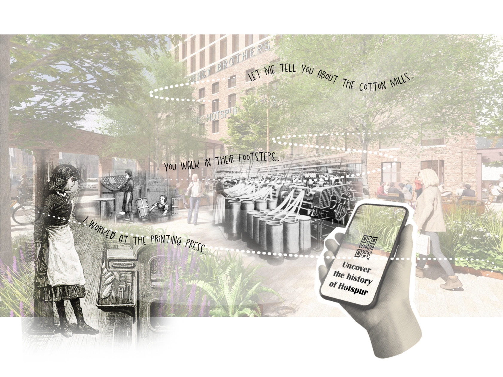 An illustrated collage depicting a city scene with historical and modern elements. The image shows a woman walking past a park with trees, a row of cotton mills, and people gathered outside a building. There are handwritten-style speech bubbles with text about the cotton mills, a QR code on a smartphone, and vintage sketches of a girl and a woman working at a printing press.