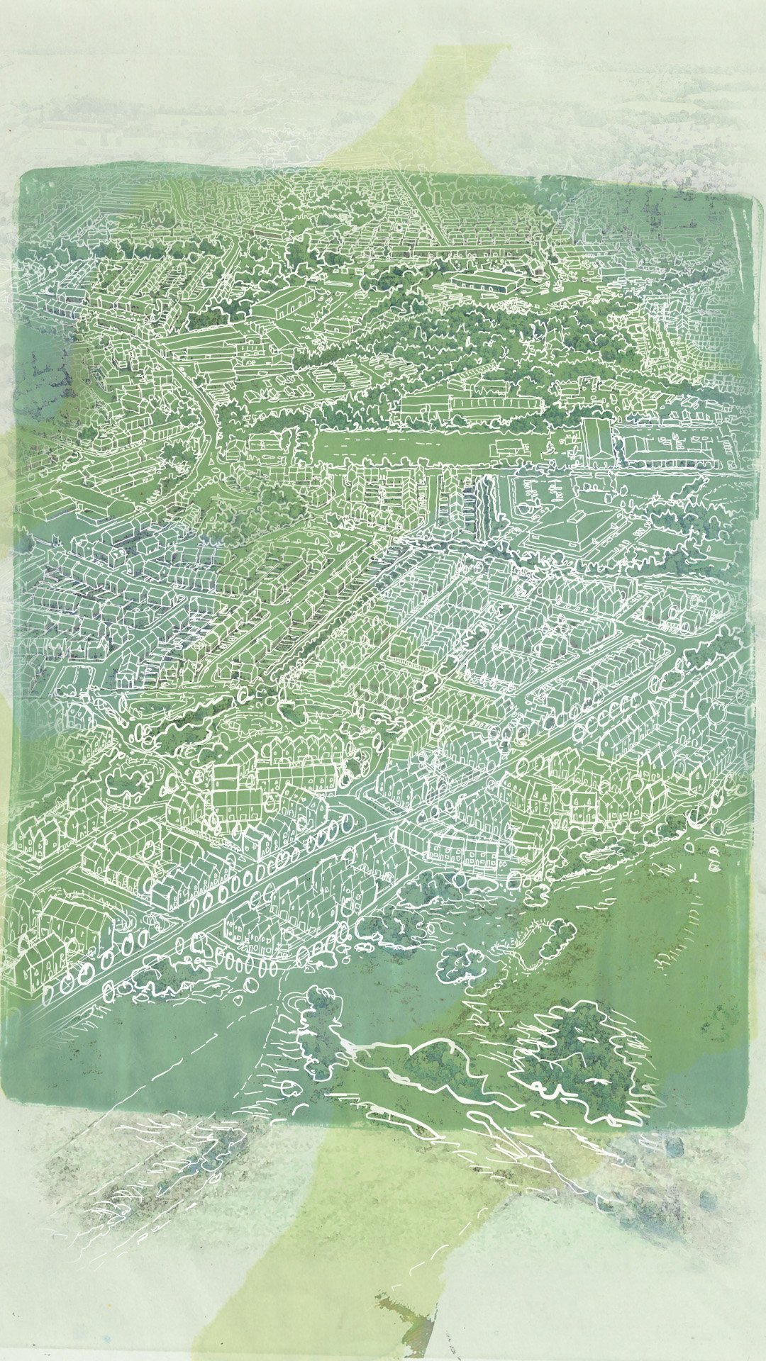 An aerial sketch of a suburban neighborhood with detailed streets, houses, trees, and green spaces, overlaid with a faint, abstract green background.