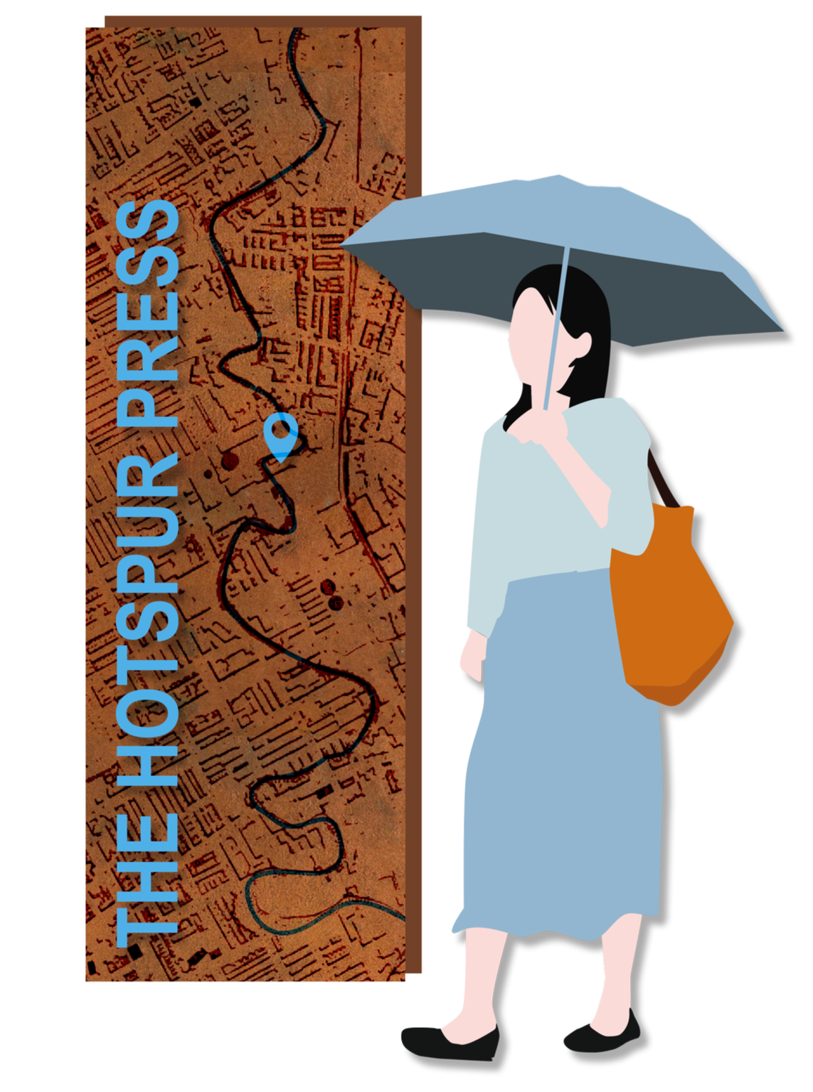 An illustration of a woman holding an umbrella, standing next to a vertical map banner with the text 'The Hottest Places of Your City' and a city map background.