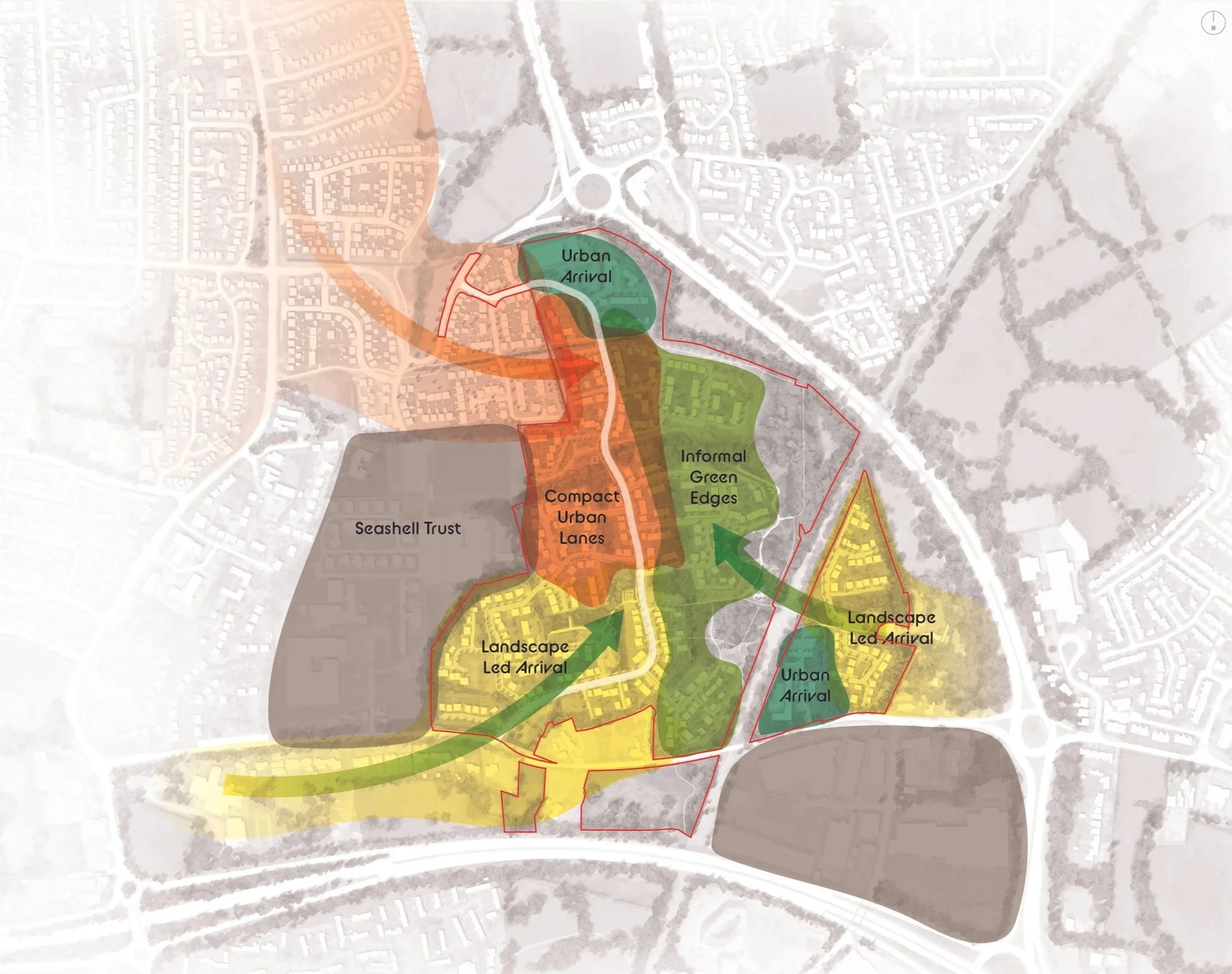 A map with various colored zones labeled 'Urban Arrival,' 'Informal Green Edges,' 'Landscape Led Arrival,' and 'Seashell Trust,' showing different urban planning or development areas overlaid on an aerial view of a neighborhood.