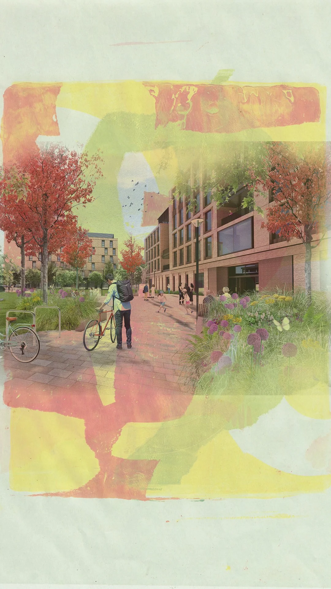 Digital artwork of an urban park with people walking and biking, modern buildings, trees with autumn leaves, and purple flowers, with a colorful abstract overlay.