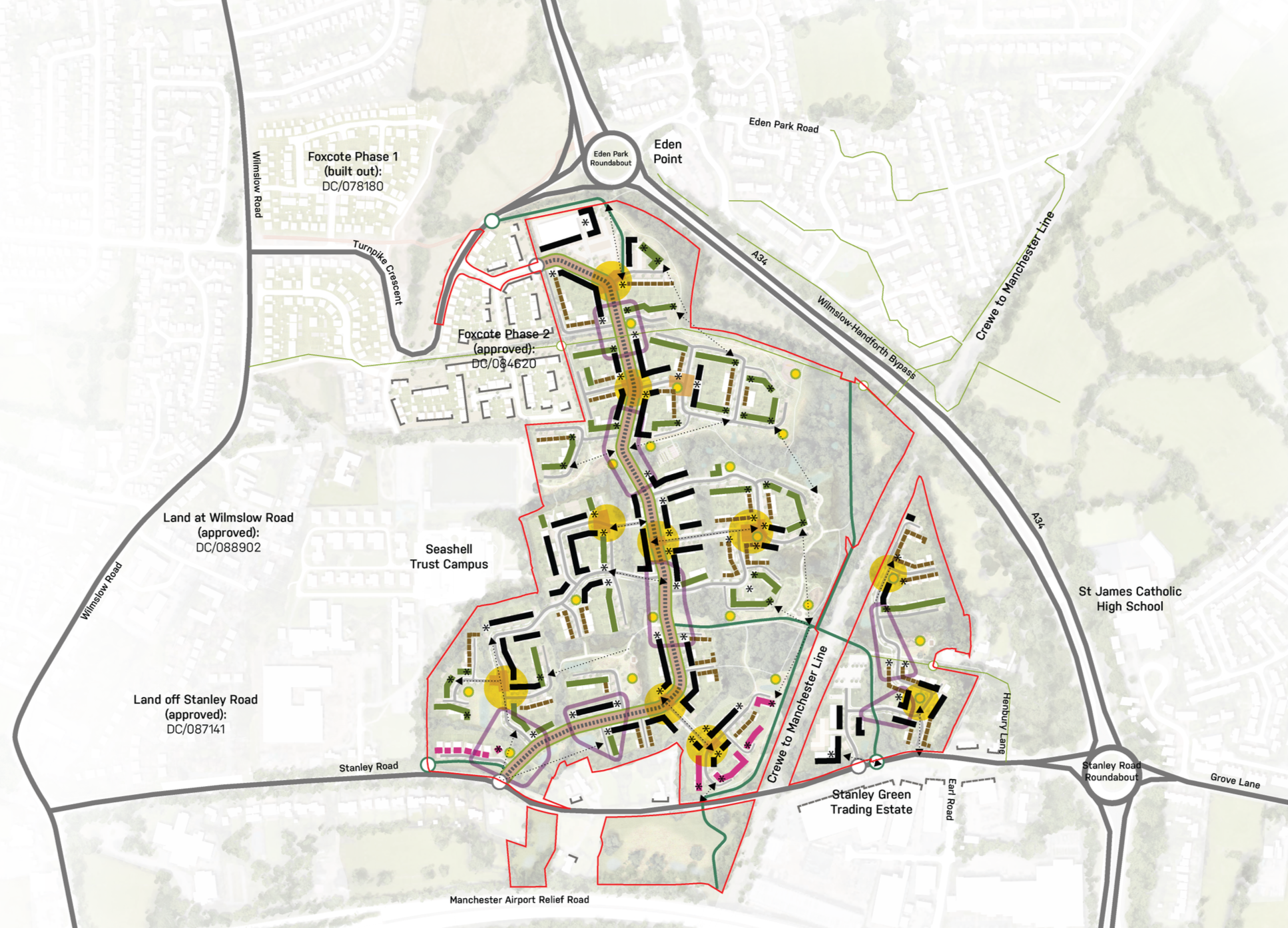 Map of a development area with street names, boundaries, and planning details, including roads like Wilmslow Road, Stanley Road, and the A34, with areas marked for phases of development and approved land use.