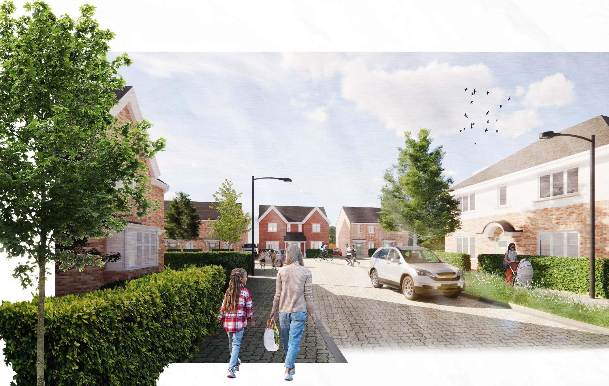 A neighborhood scene with brick houses, green trees, people walking and biking, a parked car, and street lamps under a partly cloudy sky with birds flying.