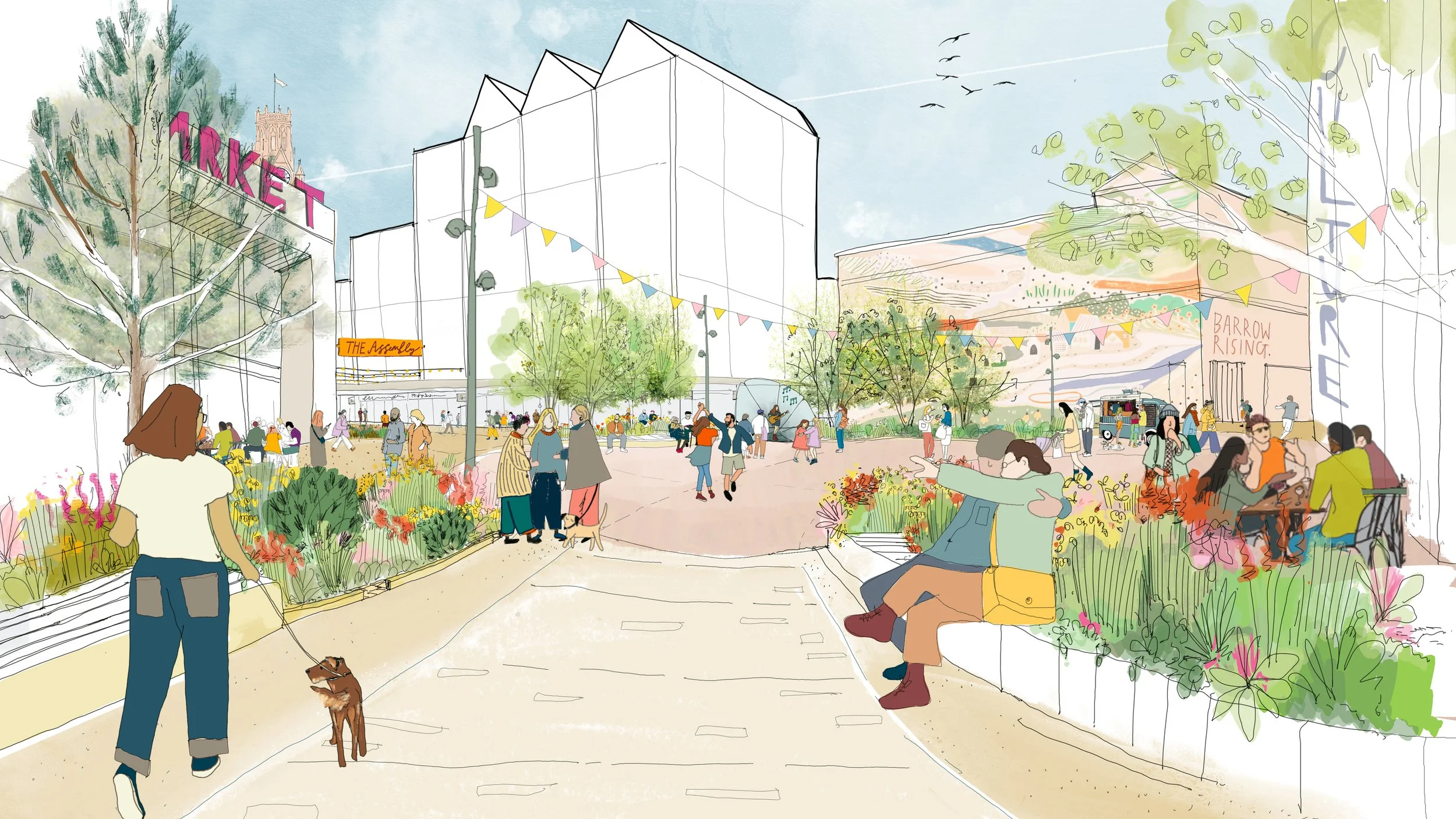 A lively outdoor market scene with people walking, sitting, and shopping among trees, flowers, and colorful decorations. There are buildings labeled 'MARKET' and 'THE ASSEMBLY,' with a food cart and diverse individuals, some with pets or bicycles, enjoying a sunny day.