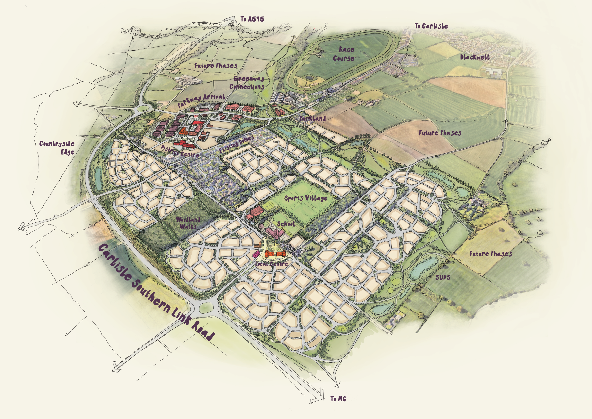 A detailed illustrated map of a planned community featuring various zones such as sports village, school, woodland walks, existing homes, and future phases. Main roads, pathways, and landmarks like race course, Blackwell, and Causlisle are labeled, with some roads indicating directions to motorways.