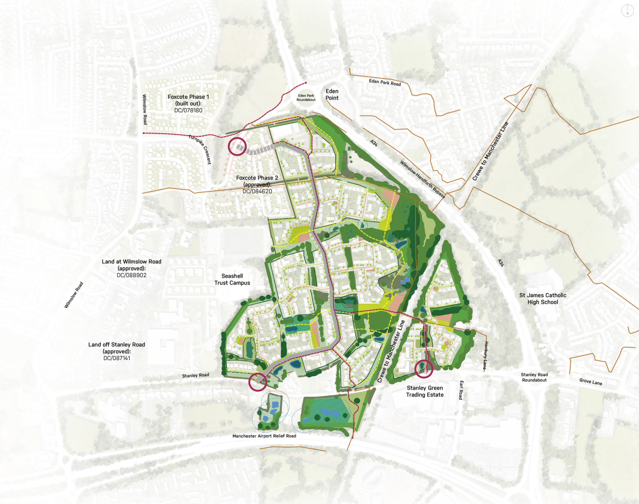 A detailed urban planning map showing various development phases, roads, green spaces, water features, and specific landmarks, including schools, roads, and a campus.