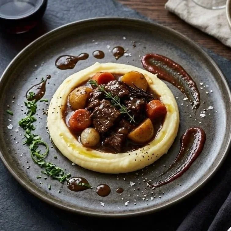 Beef stew with carrots, potatoes, and herbs served over mashed potatoes, garnished with sauce, herbs, and salt on a round black plate.