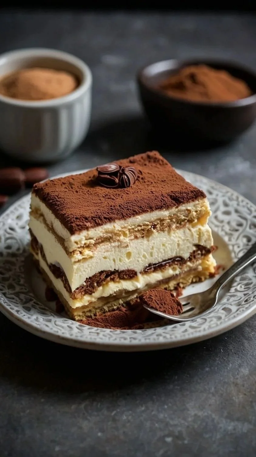 A slice of tiramisu on a white decorative plate with cocoa powder and coffee beans, with cups of coffee and bowls of cocoa powder in the background.