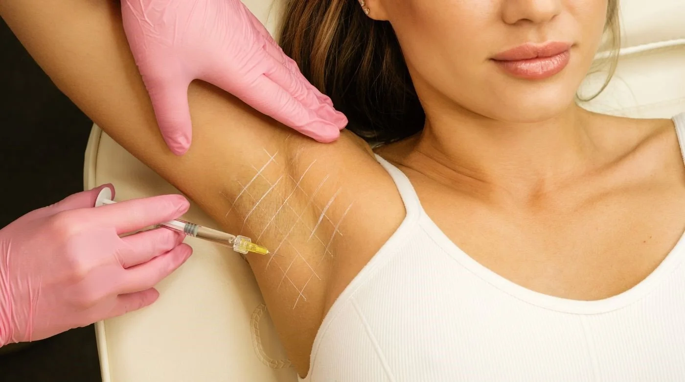 A woman receives a cosmetic injections in her armpit as part of a medical procedure, with markings on her skin and a healthcare professional wearing pink gloves.