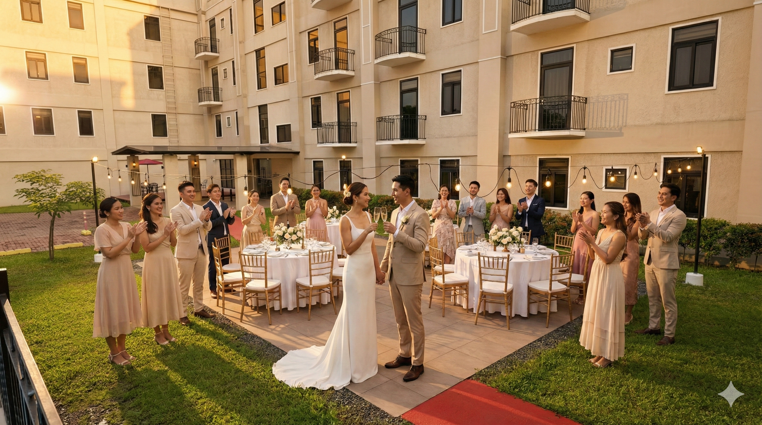Family of five walking together outdoors on a grassy hill, with trees and city buildings in the background, under a partly cloudy sky.