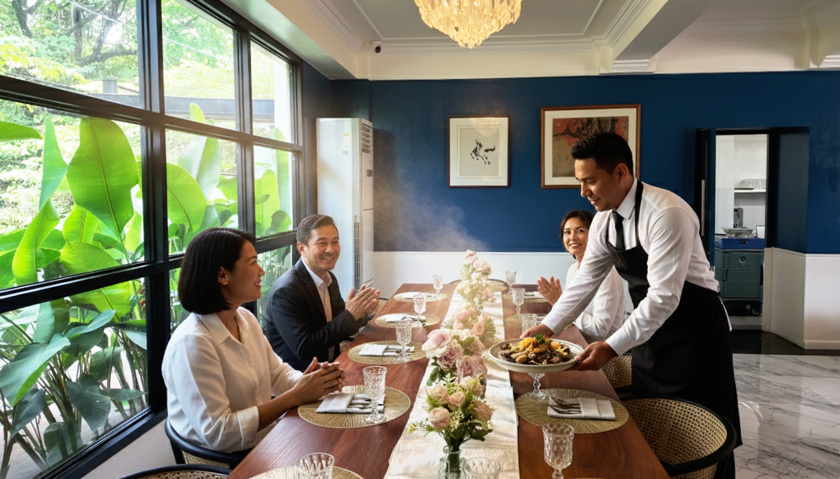 A waiter bringing a plate of food to a long dining table with four seated guests clapping inside a bright restaurant with large windows and green plants outside.