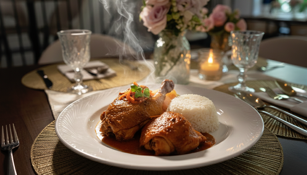 Plate of steamed rice and two chicken drumsticks with gravy on a decorated dining table with flowers and candles in the background.