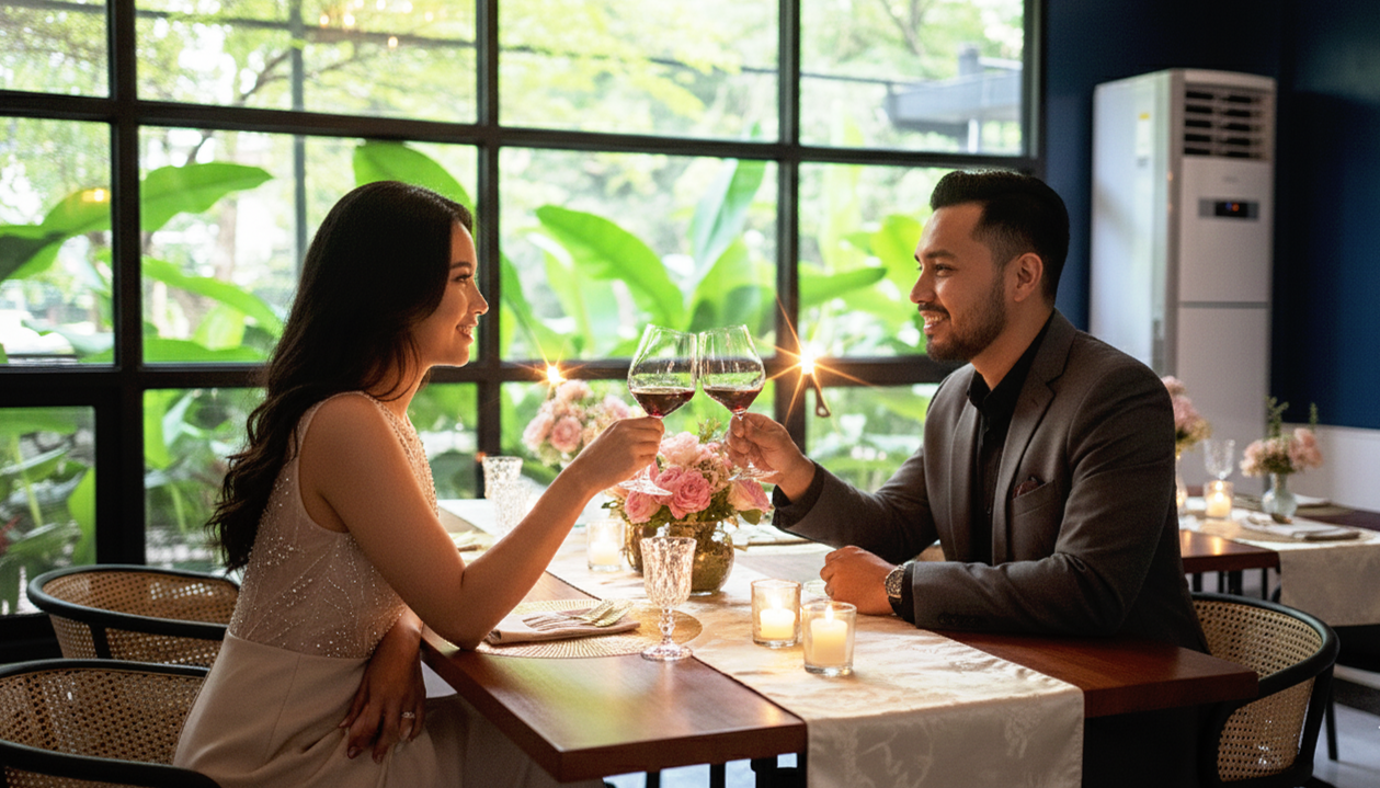 A romantic dinner at a restaurant with a woman and man clinking wine glasses, surrounded by candles and flowers.