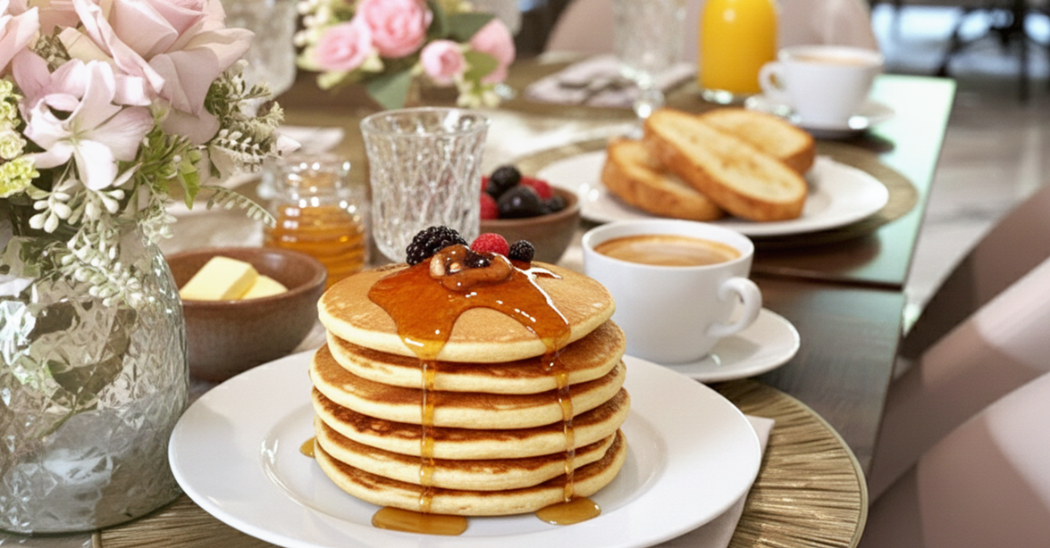 A stack of seven pancakes topped with syrup and berries on a white plate, with coffee, toast, and breakfast items on a table decorated with flowers.
