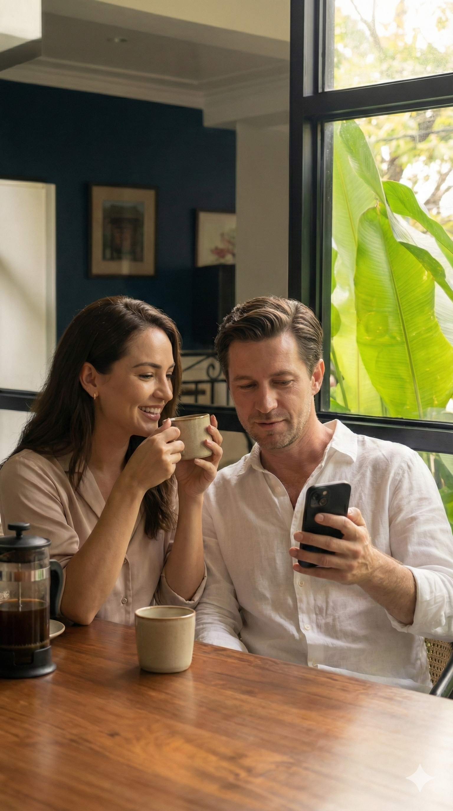 A woman and a man sitting at a wooden table in a cozy cafe, looking at a phone. The woman is holding a coffee mug and smiling, the man is showing her something on his phone. Large green leaves are visible outside the window.