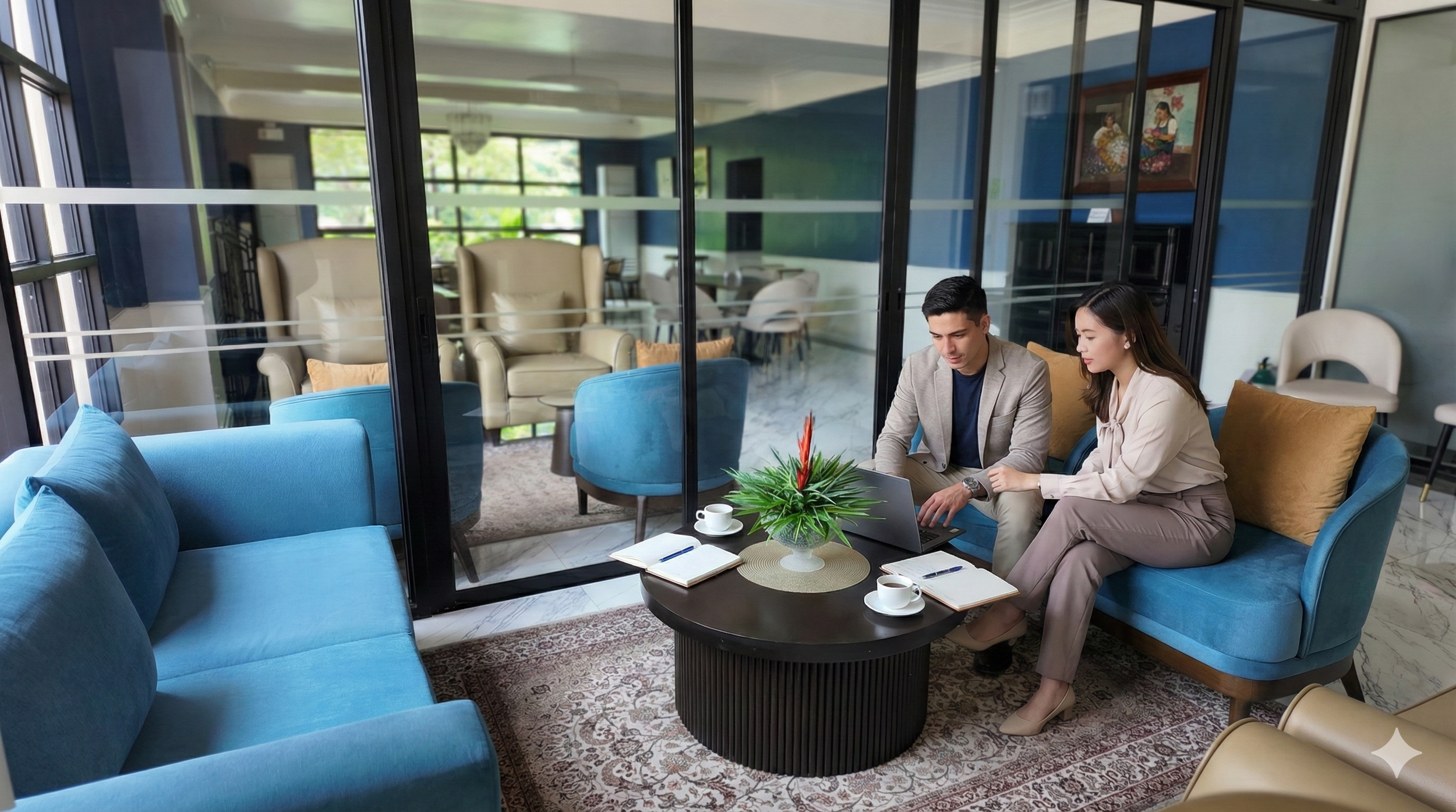 Two people, a man and a woman, sitting on a blue couch in a modern lounge area, looking at a laptop together. There is a round coffee table with a plant, notebooks, pens, and coffee cups. Large windows and glass walls surround the space, with more seating visible in the background.