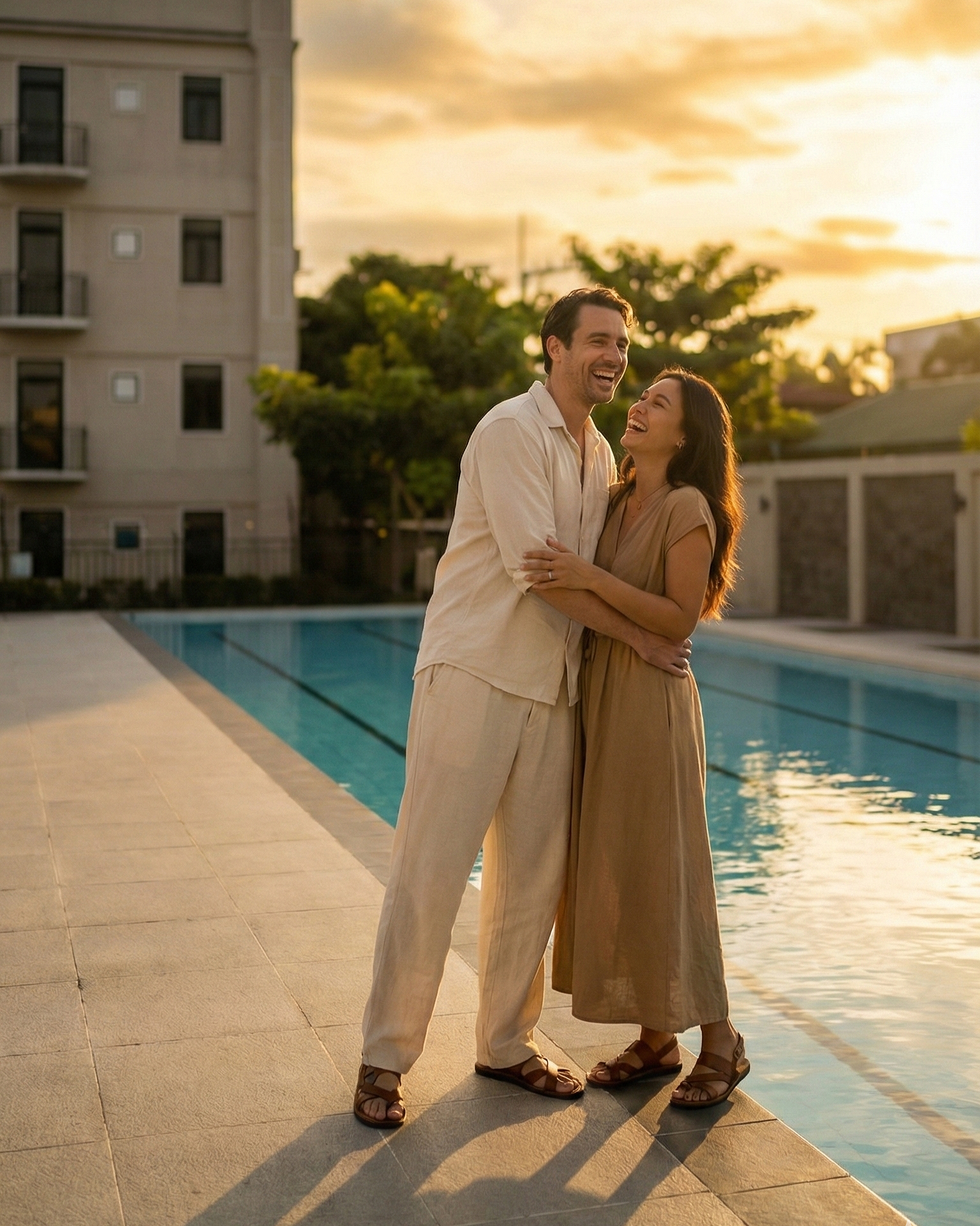 A couple laughing and embracing by a swimming pool during sunset, surrounded by residential buildings and trees.