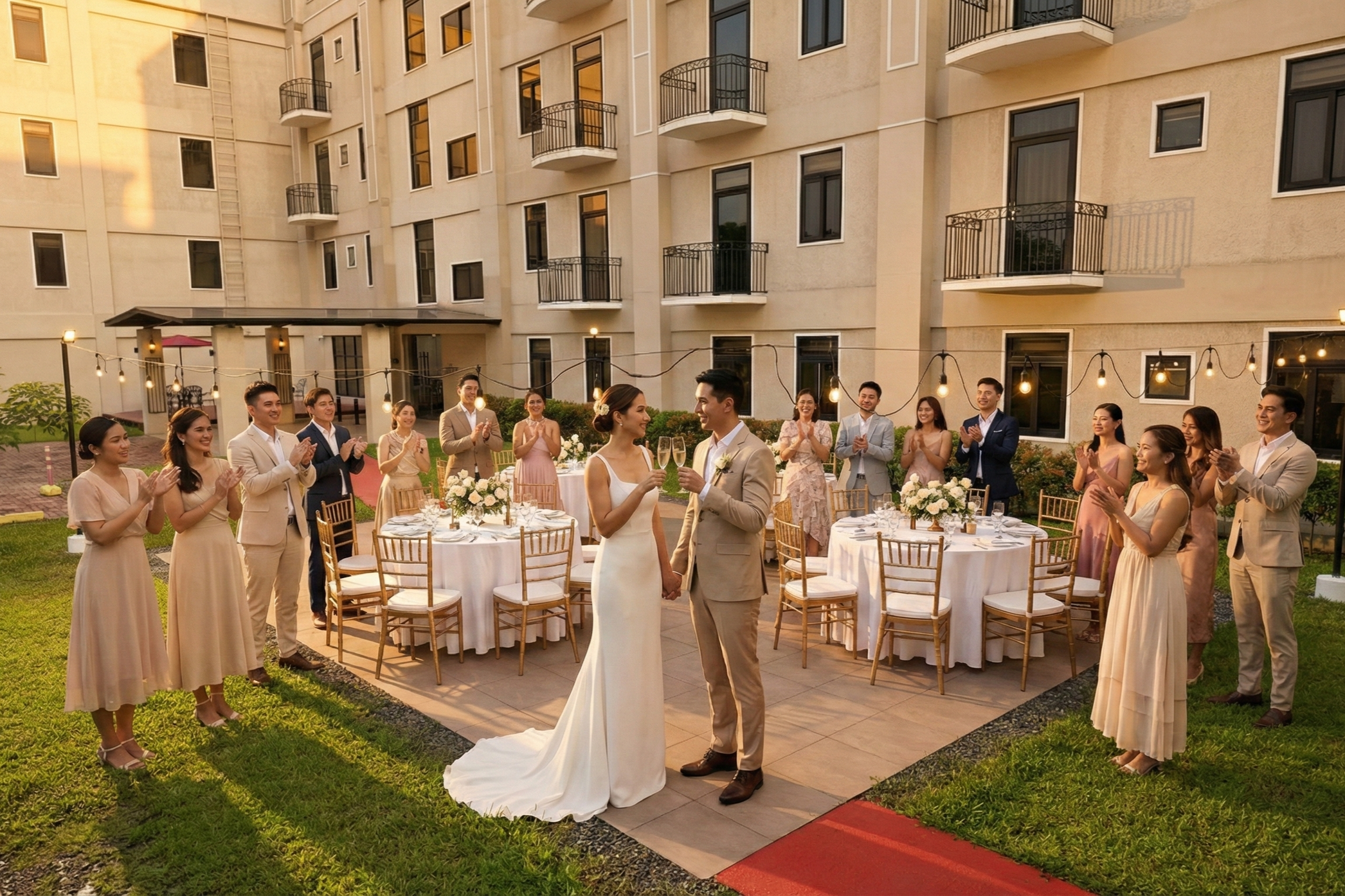 A multigenerational family, including grandparents and children, walking in a park on a sunny day surrounded by trees and greenery.