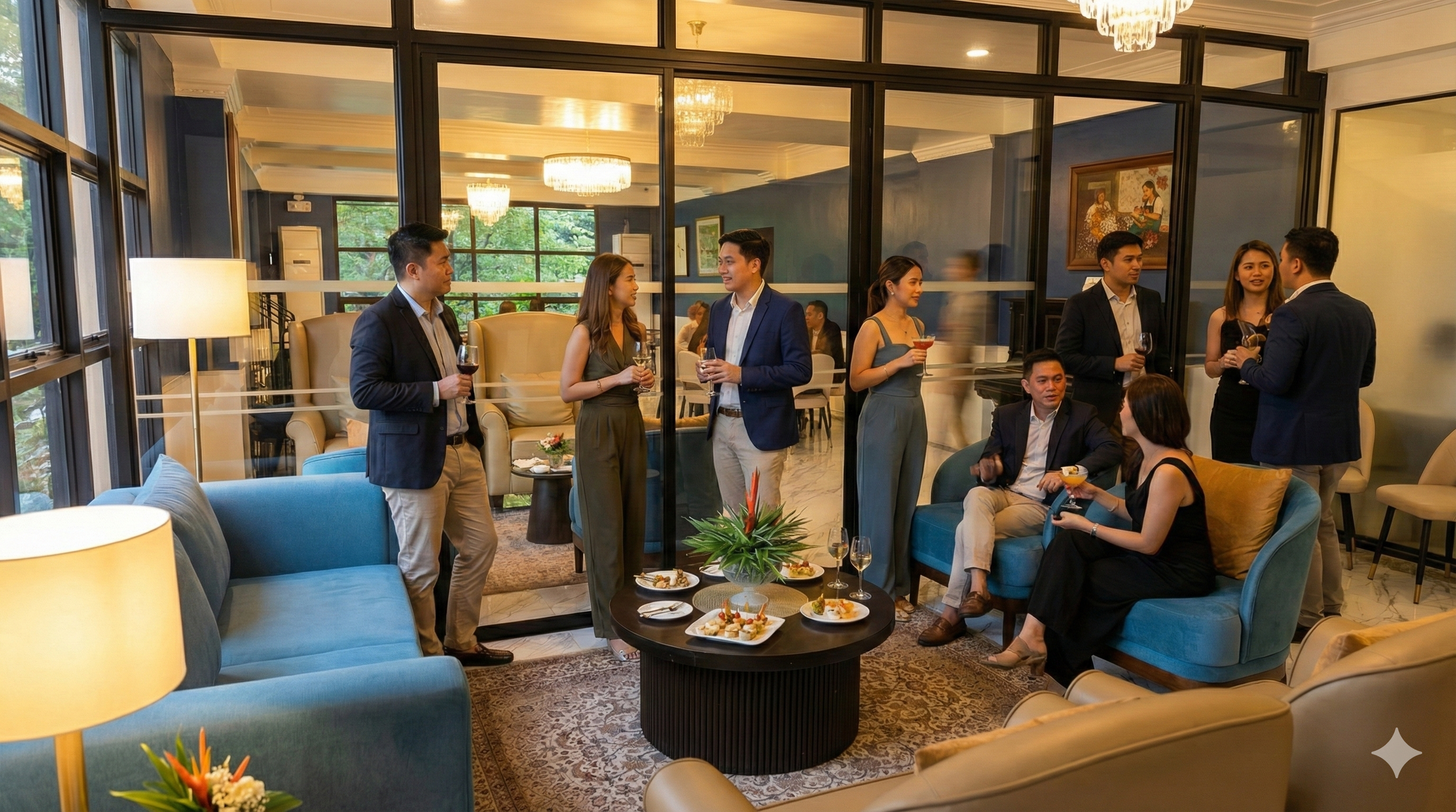 Group of people socializing at a modern indoor lounge during a social gathering, with some standing and others sitting on sofas, holding glasses and appetizers, decorated with plants and warm lighting.