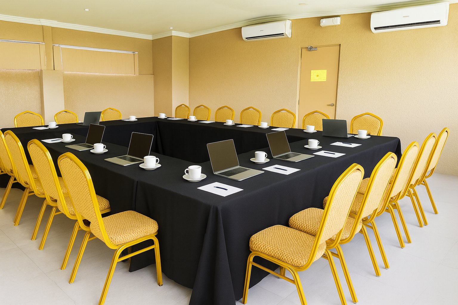 Conference room with a U-shaped table covered in black tablecloth, yellow chairs, laptops, white coffee cups, and papers, set up for a meeting.