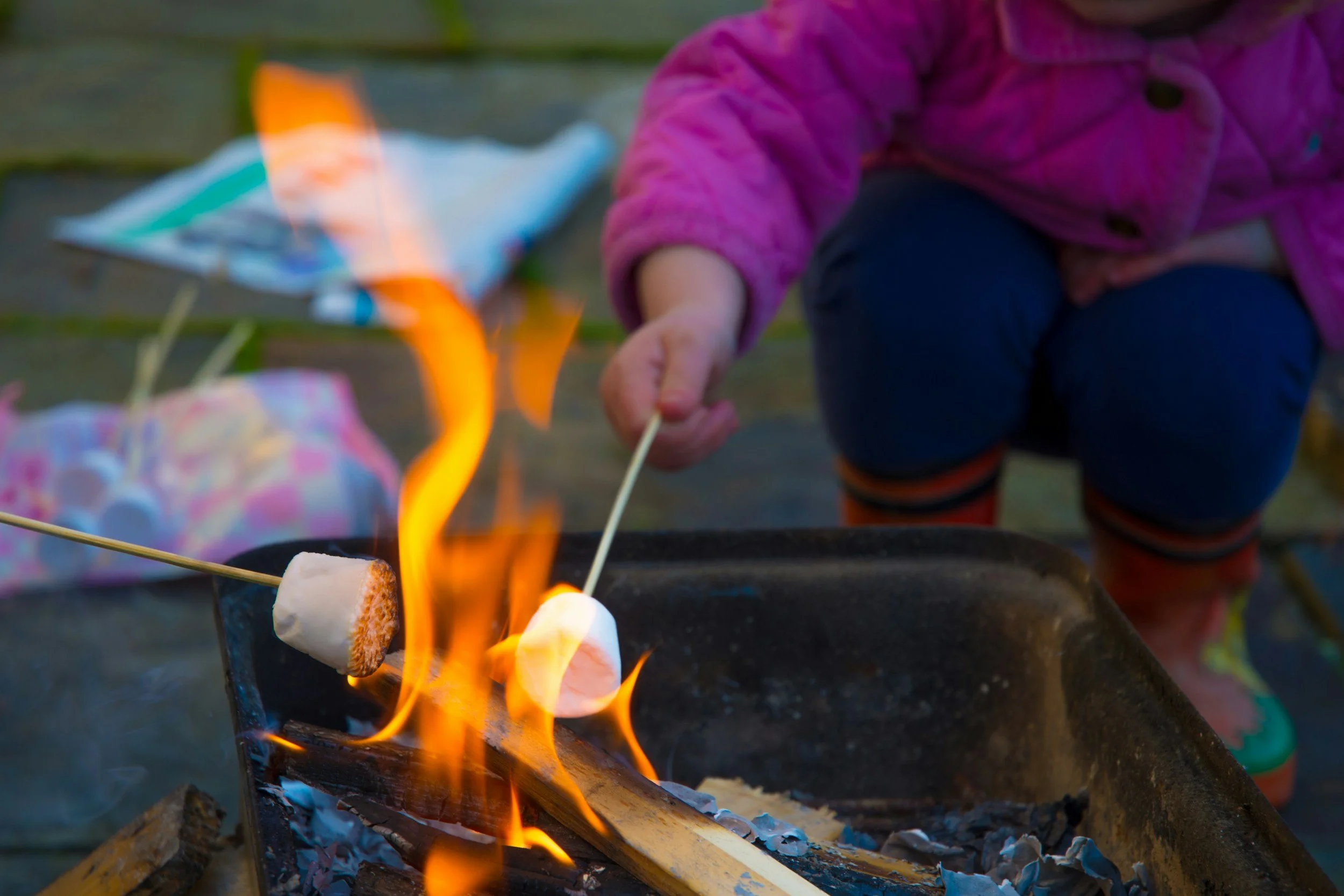 Child roasting marshmallows over an open campfire.