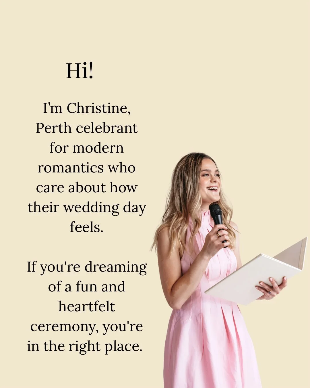 Hi, I&rsquo;m Christine 🩵 Your Perth celebrant for modern romantics who care about how their wedding day feels.

If you&rsquo;re dreaming of a fun and heartfelt ceremony, you&rsquo;re in the right place 🙌

I create fun, intentional and heartfelt ce