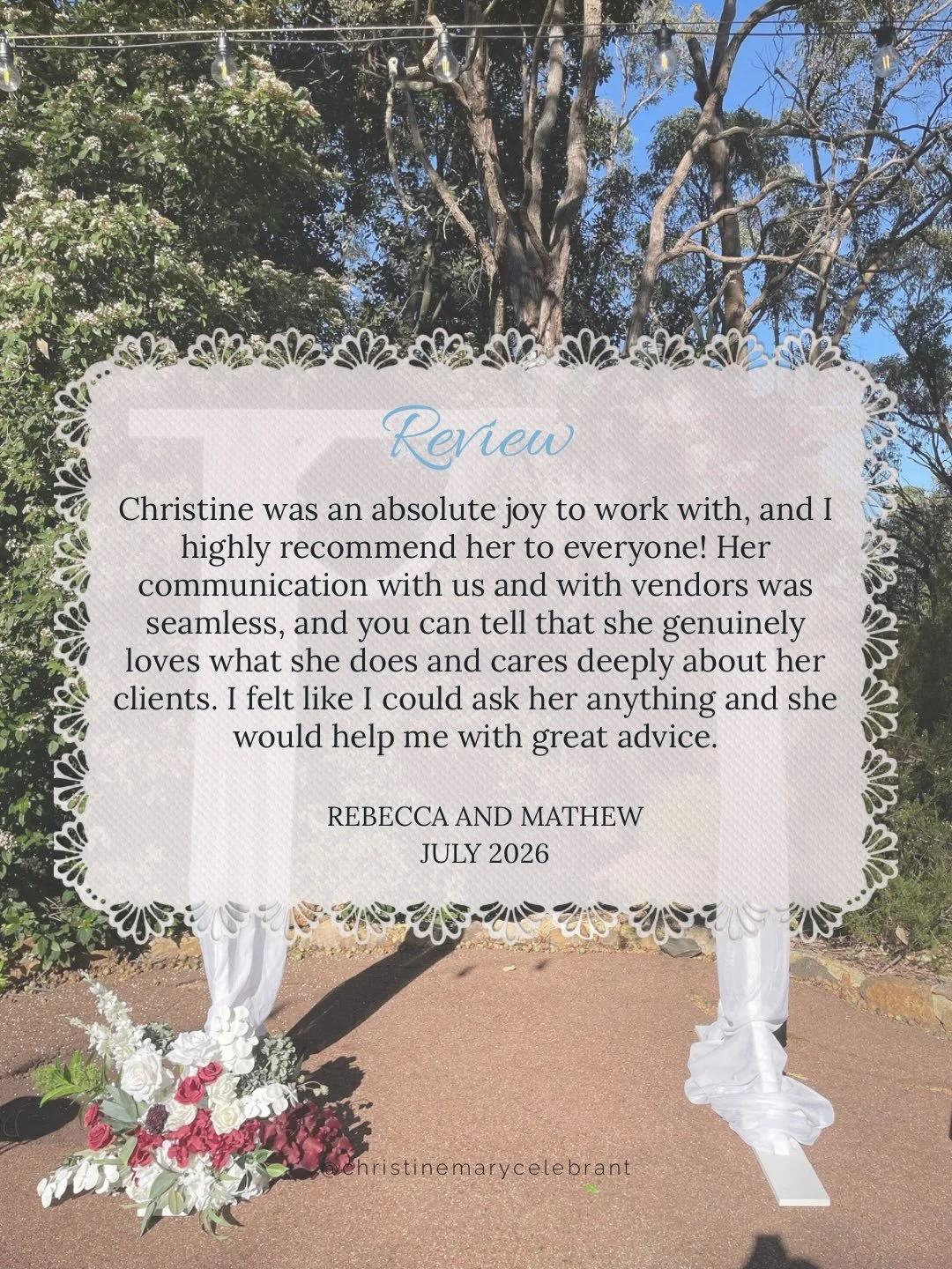 Review 🩵 Rebecca and Mathew 31.7.2026
📍 Darlington Estate 

&ldquo;Christine was an absolute joy to work with, and I highly recommend her to everyone! Her communication with us and with vendors was seamless, and you can tell that she genuinely love