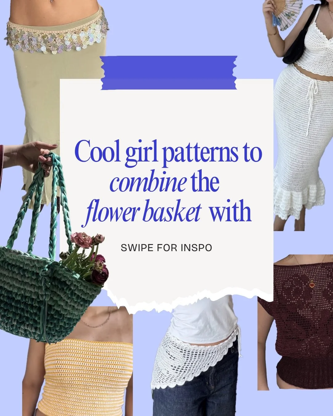 cool crochet patterns to combine the #flowerbasket with 💐🧺 

- crab bandana by @dina_lea 🦀 
- disco belt by @rosesvane 🪩 
- raya tube top by @tinks.things 💛
- dolores set by @lorenaa.cio 🦢 
- blooming boat neck top @crochetbybelladonna 🌸

whic