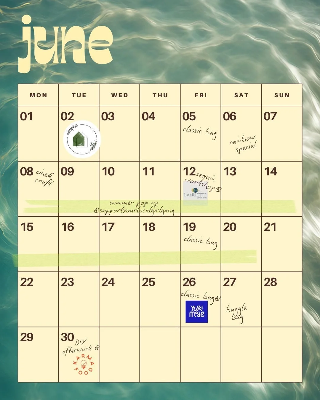 june workshop &amp; event dates 📅

02.06. Crochet Workshop @hello.carophie Linz
05.06. Classic Bag Workshop
06.06. Rainbow Special Workshop for Classic Twinny &amp; Baggle Bag 🌈
08.06. Cine &amp; Craft @maxbrownhotels 🎥
08.06.-20.06. Summer Pop Up