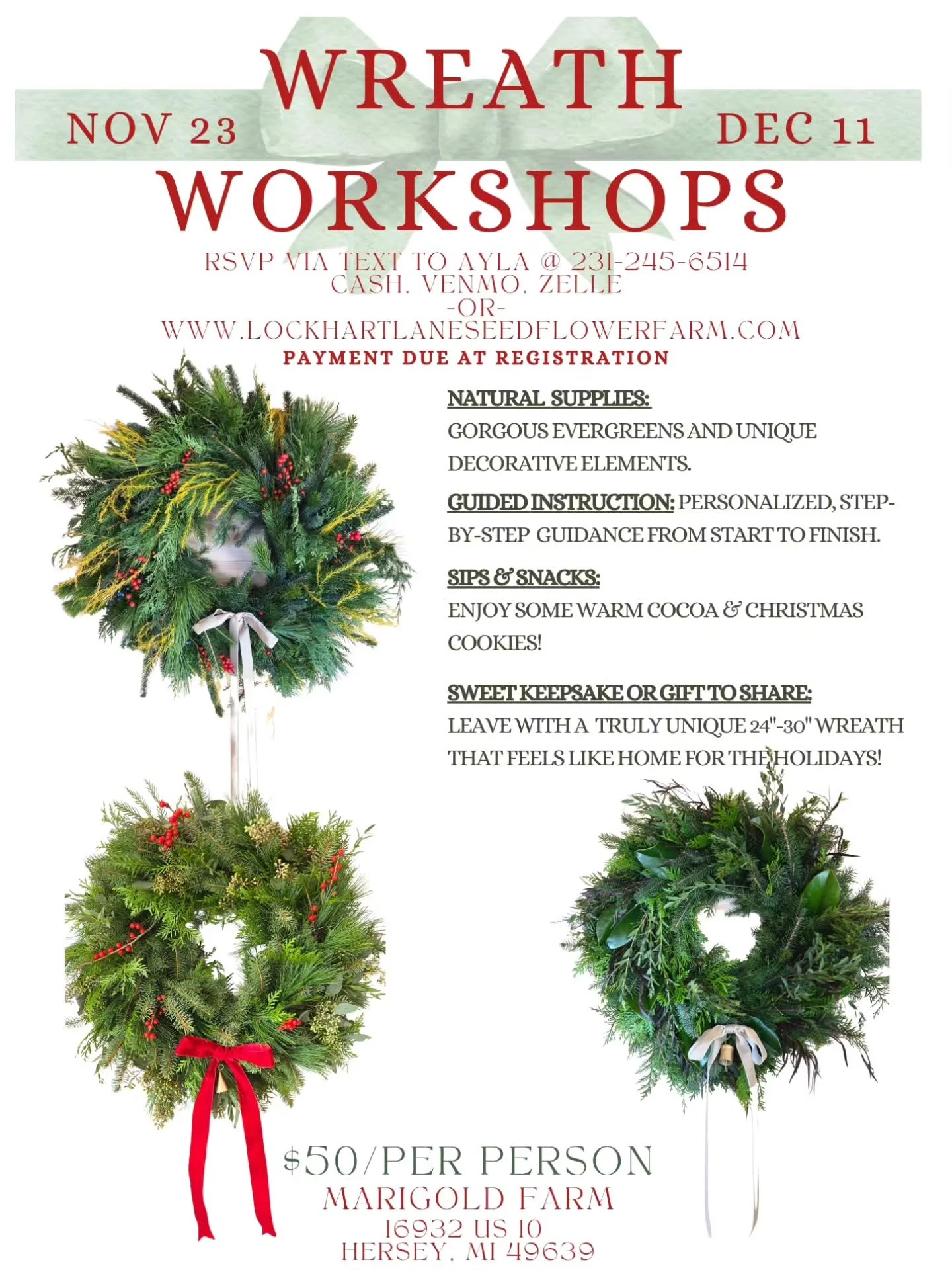 It&rsquo;s officially November, Marigolds! 🎄✨
There&rsquo;s still time to lock in your spot for our Holiday Wreath Workshops at Marigold Farm in Hersey!

We&rsquo;ve added a few easy ways to reserve your seat &mdash; choose what works best for you:
