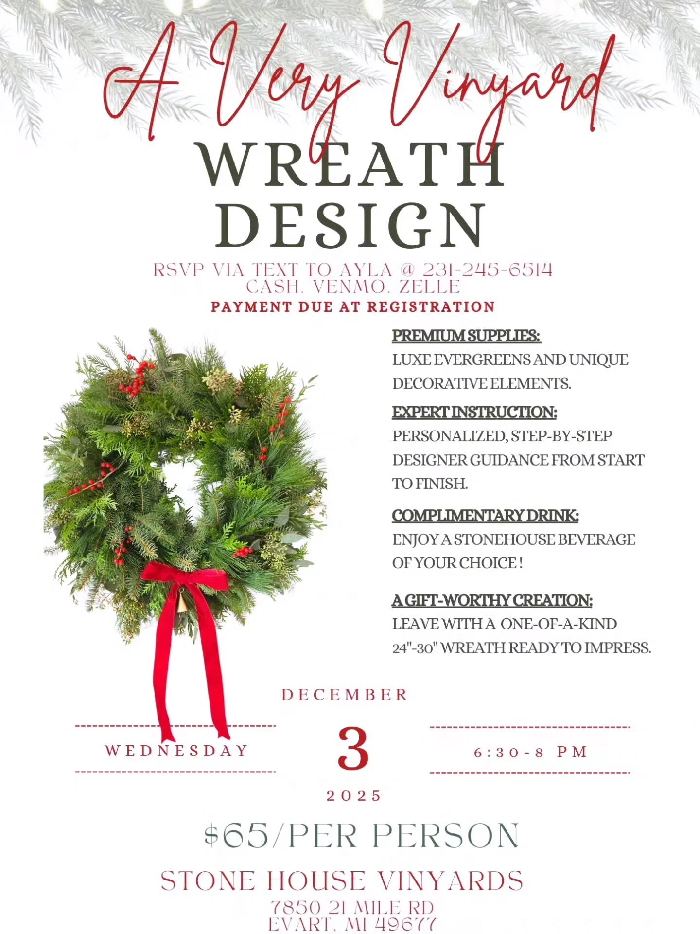 The snow is glowing and your friends are calling&hellip; ❄️🌲
Join us this Wednesday, Dec 3rd at Stone House Vinyards for a cozy night by the fire &mdash; sipping your favorite drink and crafting a beautiful holiday wreath. ✨

We still have 5 seats a