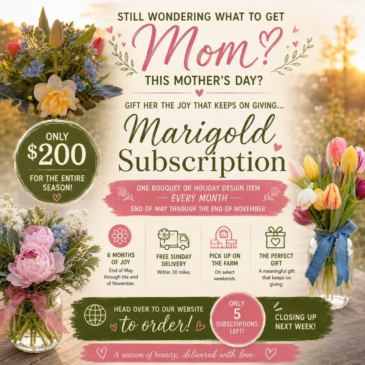 Still wondering what to get Mom for Mother&rsquo;s Day? 💐

Our Marigold Flower Subscription is the gift that keeps on giving all season long 🌿

For just $200, your special someone will receive:
&bull; One bouquet or holiday floral design item every