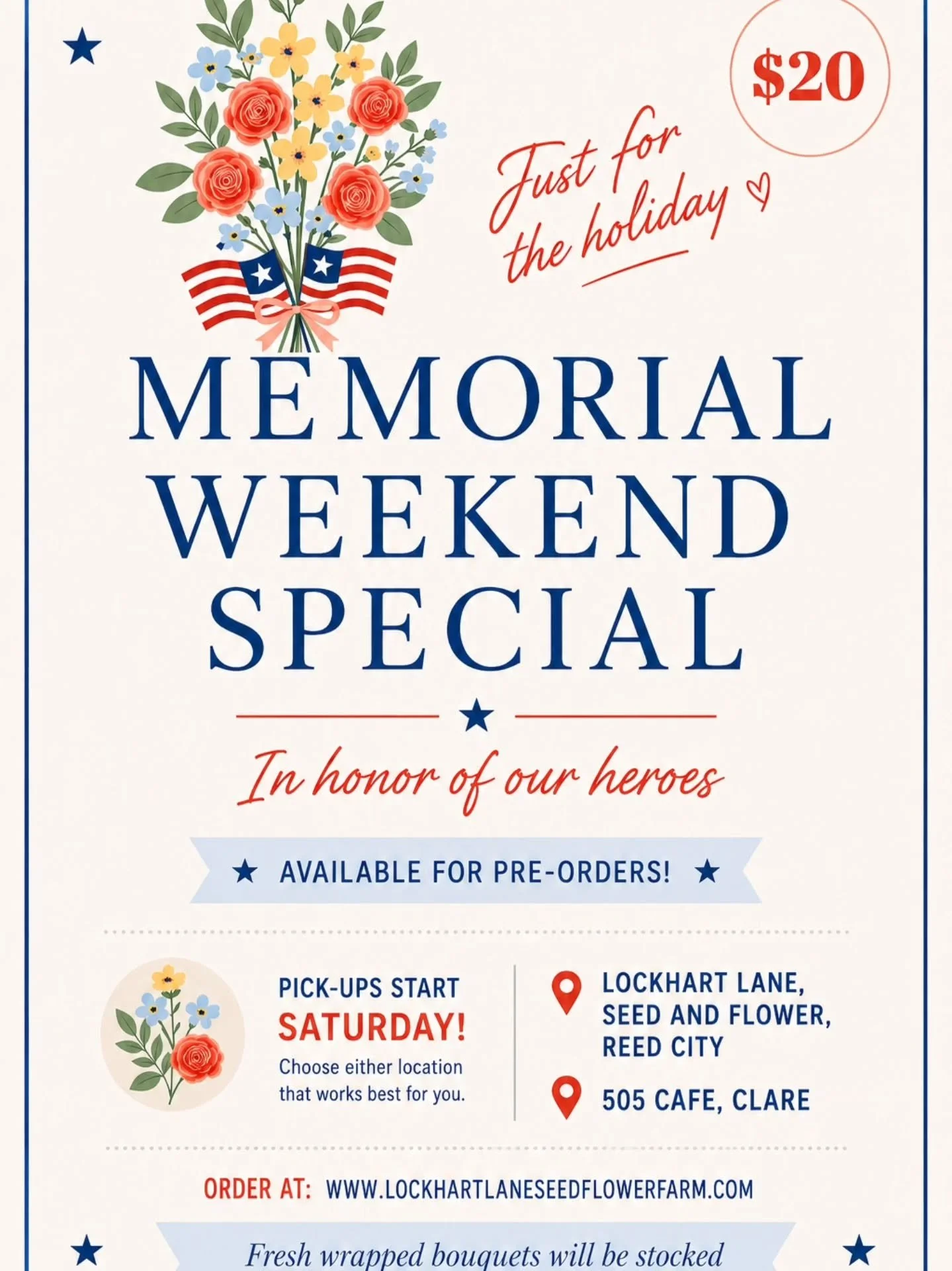 This Memorial Day weekend, we&rsquo;ll have fresh bouquets available at our stand in Reed City and at 505 Cafe for pickup. 🇺🇸💐

Designed especially to honor those who have served and continue to serve our country. May we never forget the strong me