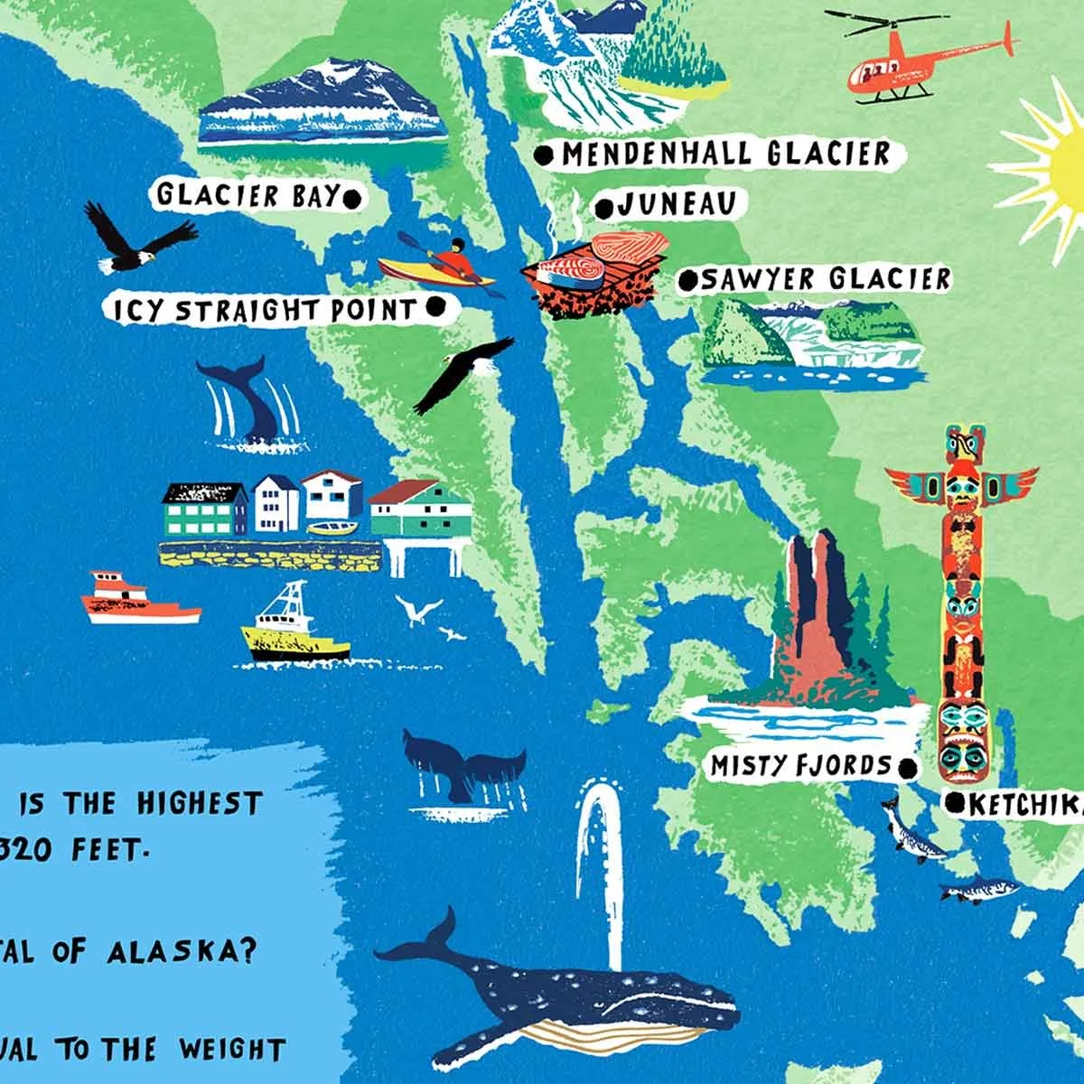 Cropped section of an illustrated map of Alaska with royal blue sea, a whale, boats, mountains, evergreen trees, a totem pole and an information panel in blue, green, yellow and orange.