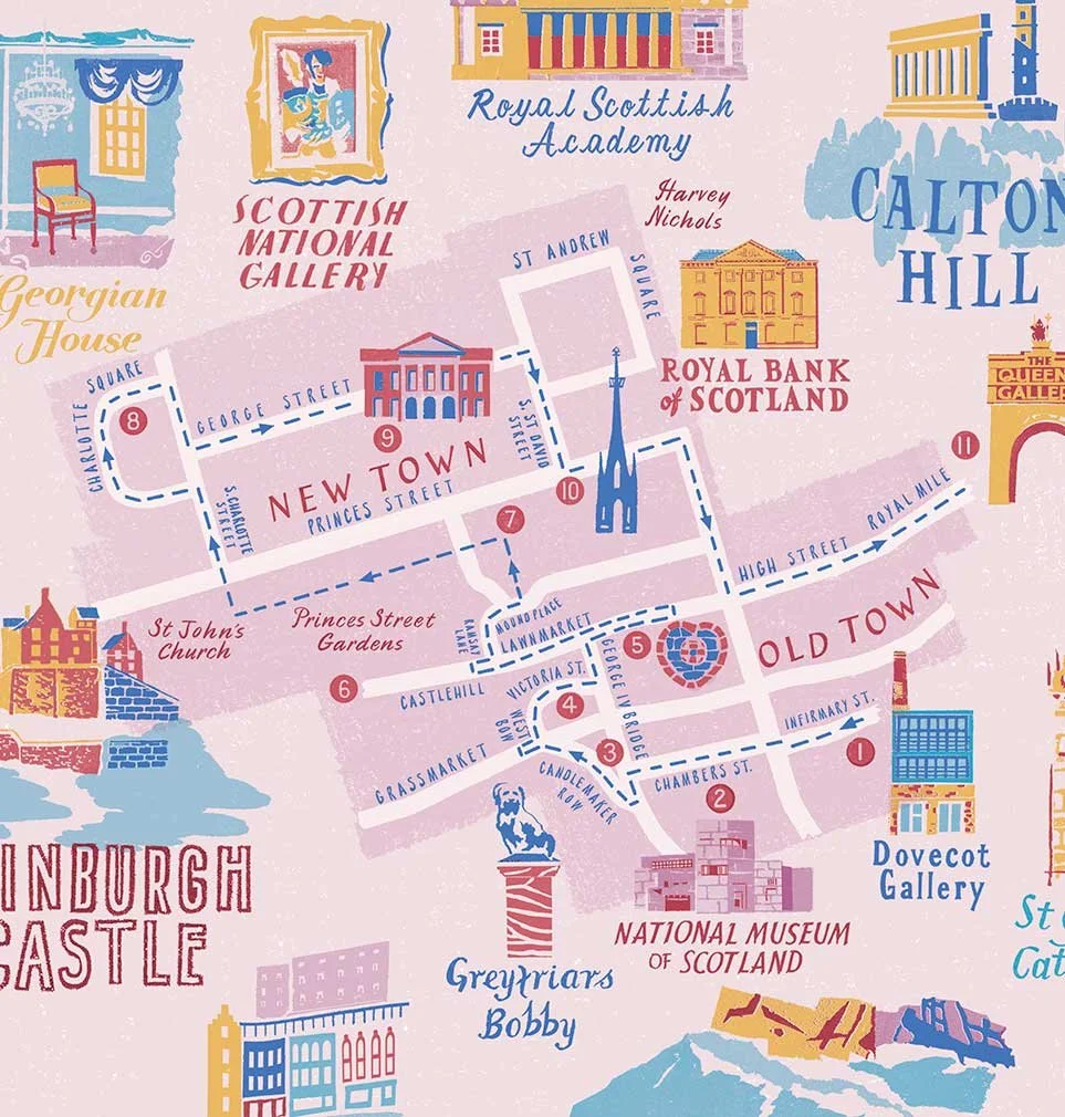 A walking route through Edinburgh marked with arrows and numbers on a map illustrated and hand-lettered by Anna Simmons in soft pinks and purples, plotted with simple landmark icons, and surrounded by more detailed vignettes of points of interest.