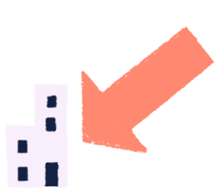 3-colour spot illustration by Anna Simmons of a building with an arrow indicating its location