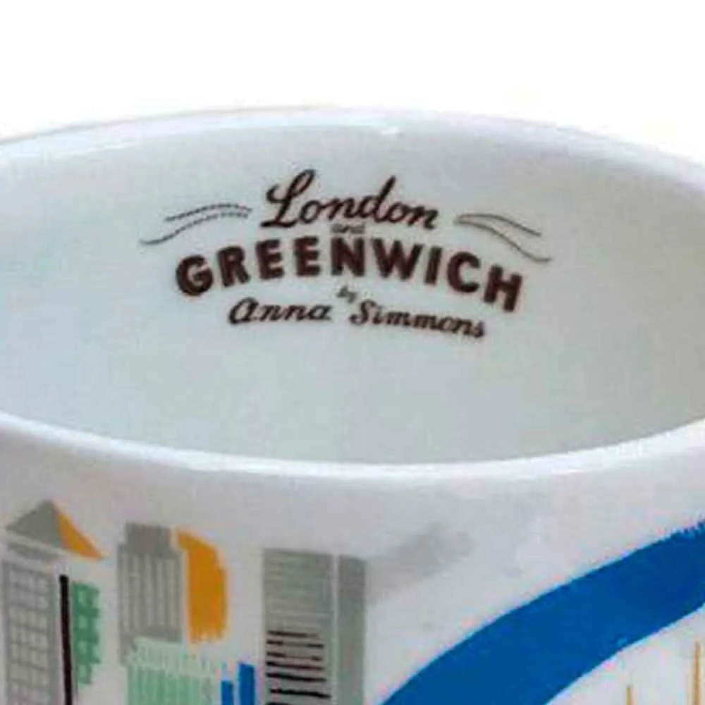 Photograph of a ceramic mug showing black hand-lettered “London and Greenwich by Anna Simmons” on the inside, illustrated by Anna Simmons.