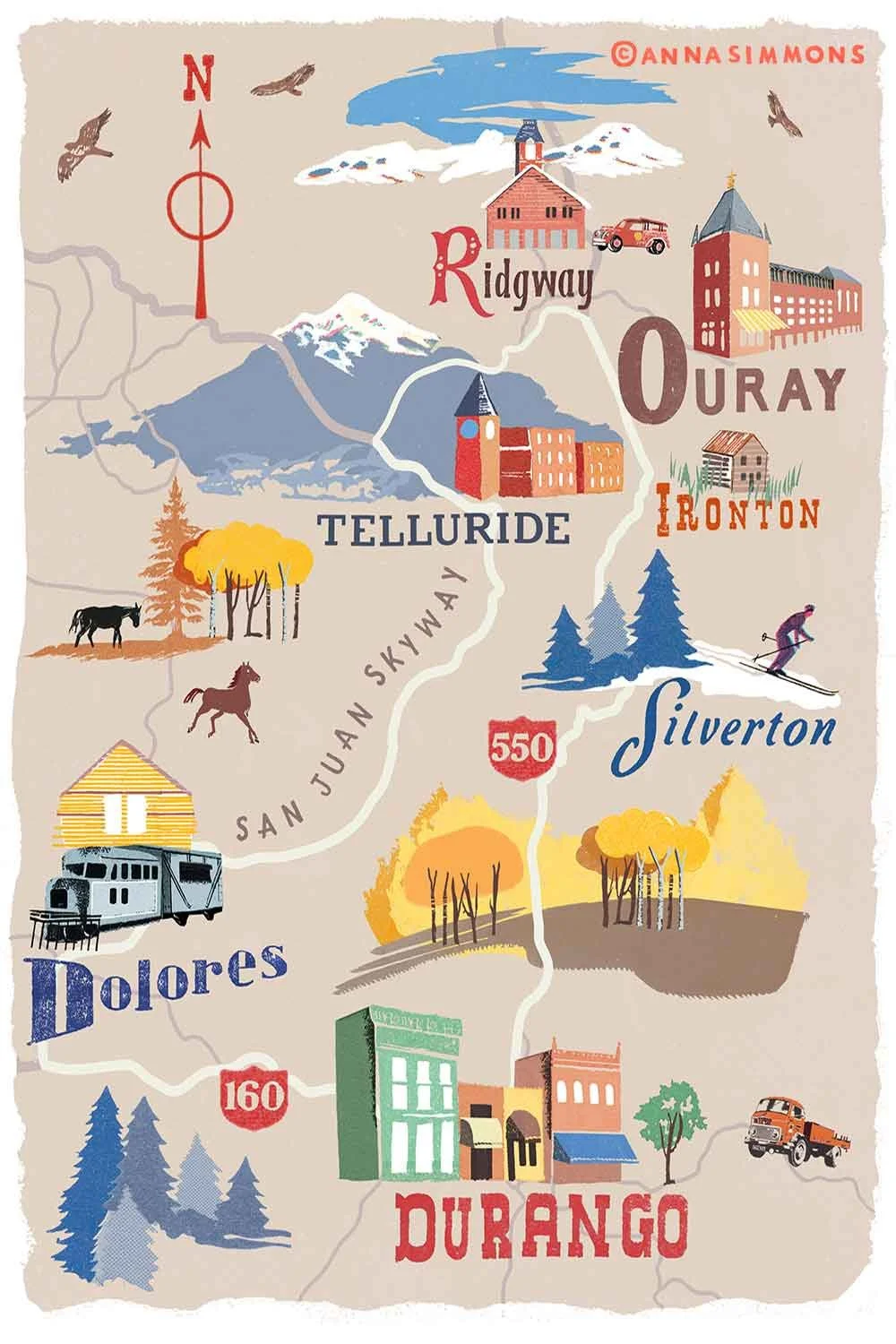 An illustrated map by Anna Simmons showing the San Juan Skyway driving route through Colorado mountain towns with warm autumn colours