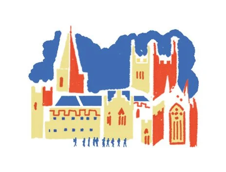 Illustration by Anna Simmons showing Dunfermline Abbey with a small procession of pilgrims, in a limited palette of red, yellow, and blue, set against a blue cloud-shaped sky background
