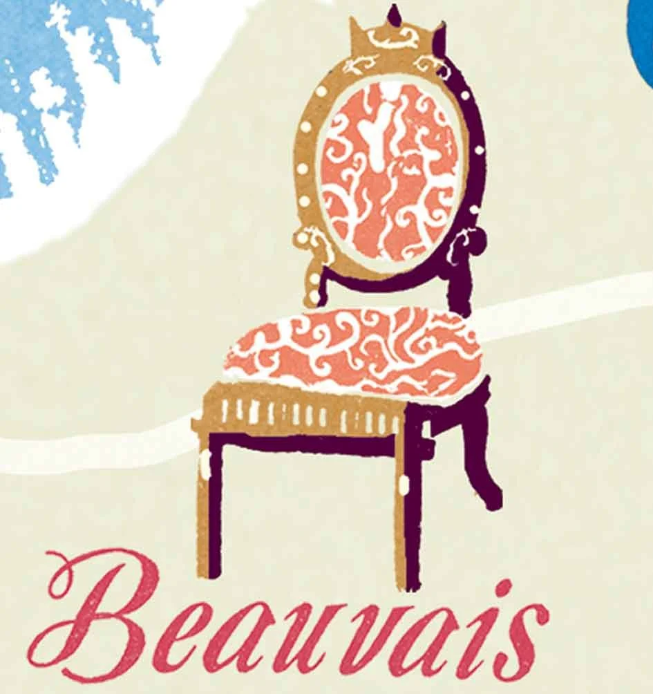 Close-up detail of an illustrated map of France showing an eighteenth-century gilt chair with hand lettered name ‘Beauvais’ underneath, in warm ochre, warm coral, and muted red-pink tones.