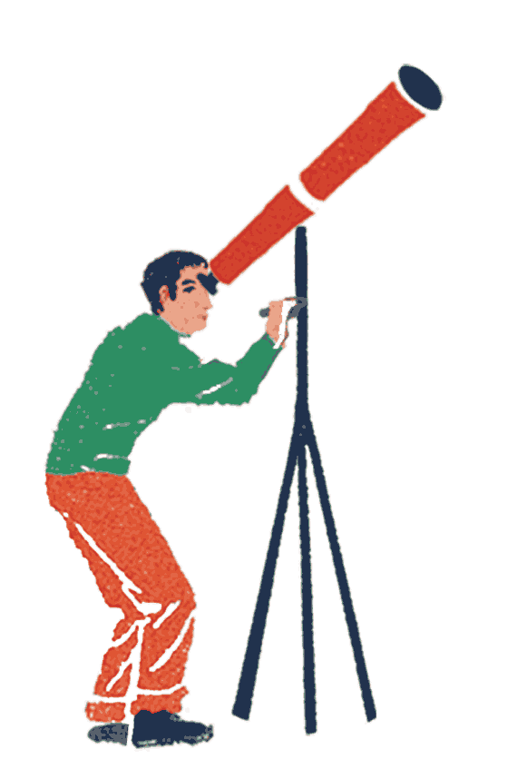illustration of a man in green and red looking through a telescope by Anna Simmons